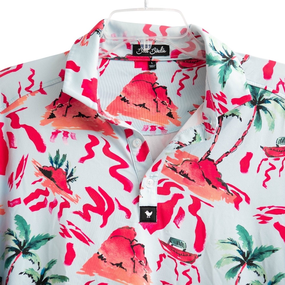 Bad Birdie Golf Polo Shirt Men's Sz L Fun Hawaiian Print Palm Trees Volcano Pink